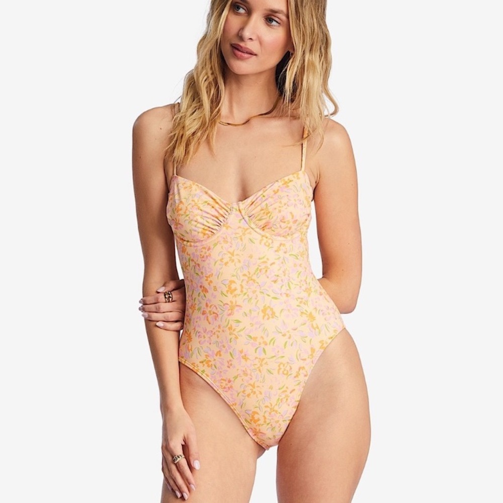 Billabong Floral Orange Orchid Haze Underwire Ruched Swim One Piece - Picture 3 of 9